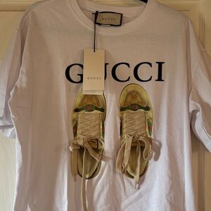 Gucci White Short Sleeve Tee with Yellow Sneaker Graphic